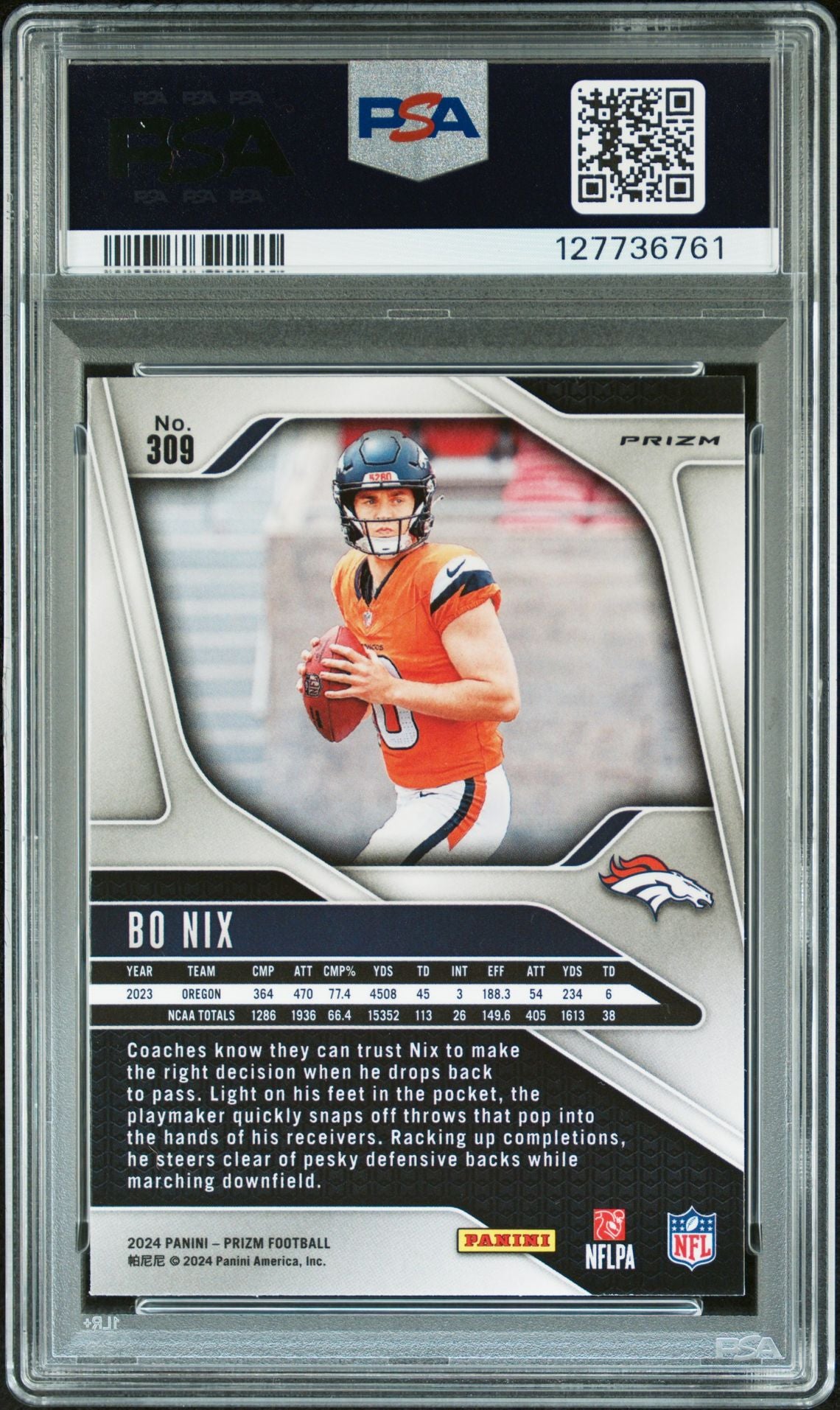 Bo Nix 2024 Prizm Silver Signed Football Rookie Card #309 Graded PSA 9 Auto 10 Cert #127736761