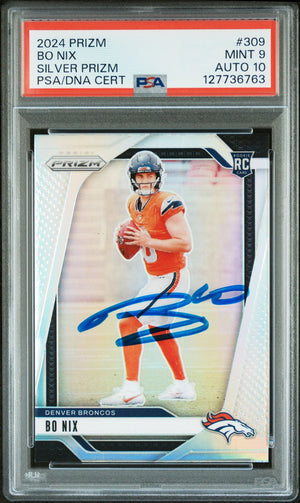Bo Nix 2024 Prizm Silver Signed Football Rookie Card #309 Graded PSA 9 Auto 10 Cert #127736763-Powers Sports Memorabilia