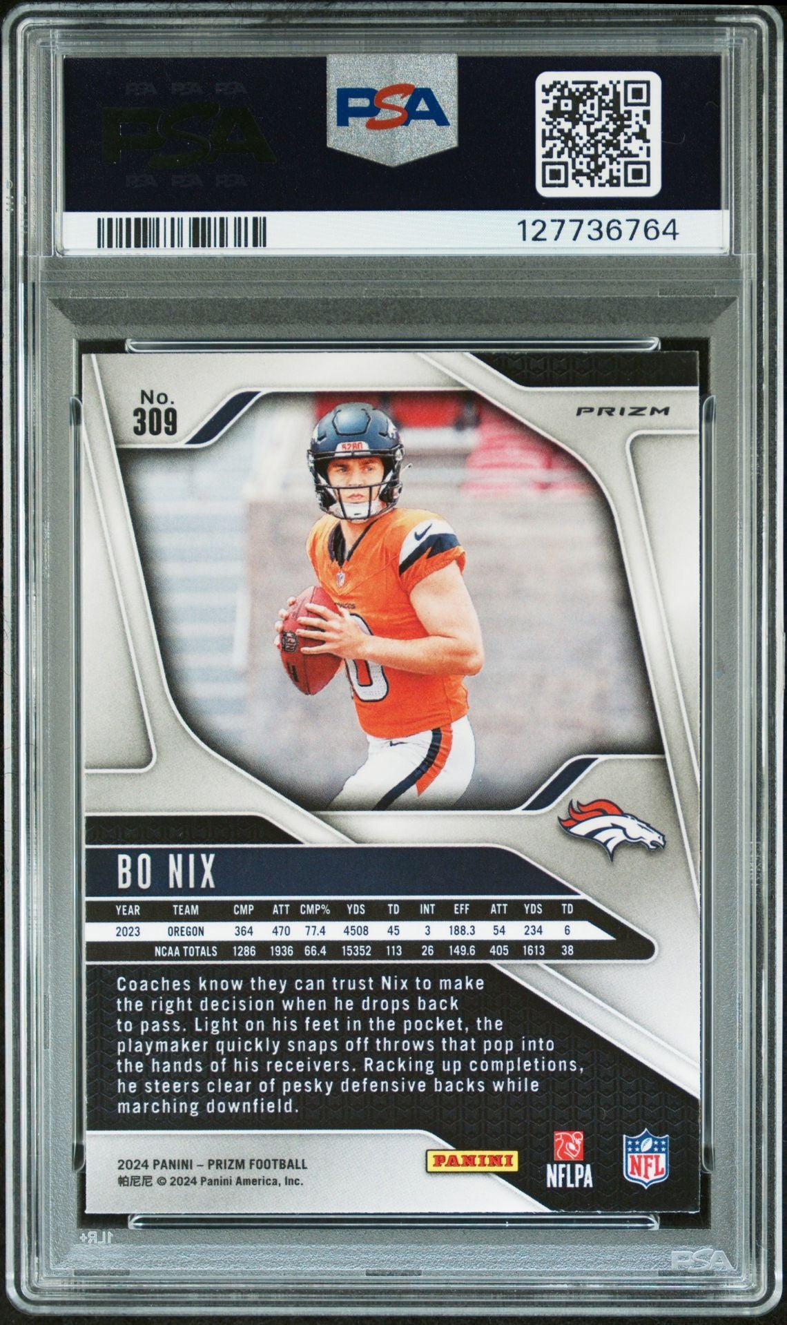 Bo Nix 2024 Prizm Silver Signed Football Rookie Card #309 Graded PSA 10 Auto 10 Cert #127736764-Powers Sports Memorabilia