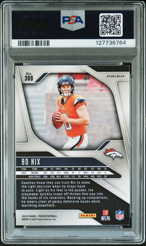 Bo Nix 2024 Prizm Silver Signed Football Rookie Card #309 Graded PSA 10 Auto 10 Cert #127736764-Powers Sports Memorabilia