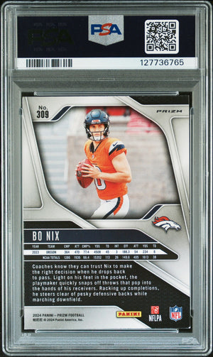 Bo Nix 2024 Prizm Silver Signed Football Rookie Card #309 Graded PSA 9 Auto 10 Cert #127736765-Powers Sports Memorabilia