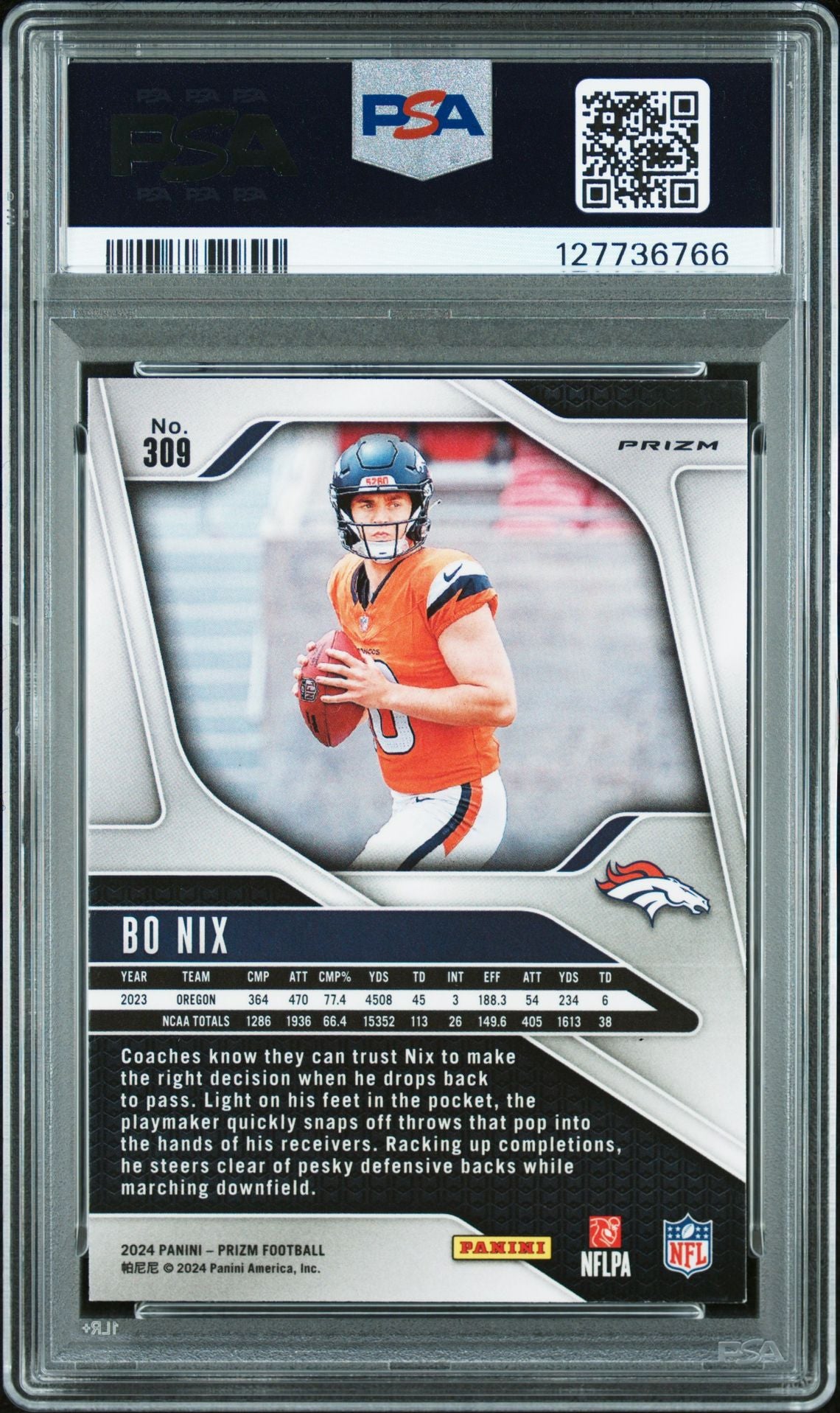 Bo Nix 2024 Prizm Silver Signed Football Rookie Card #309 Graded PSA 8 Auto 10 Cert #127736766-Powers Sports Memorabilia