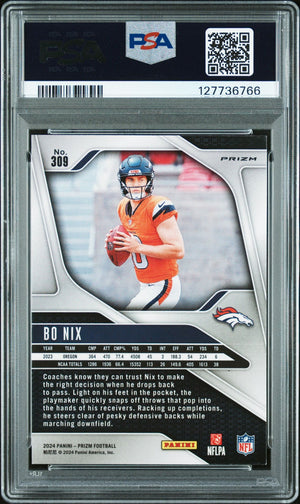 Bo Nix 2024 Prizm Silver Signed Football Rookie Card #309 Graded PSA 8 Auto 10 Cert #127736766-Powers Sports Memorabilia