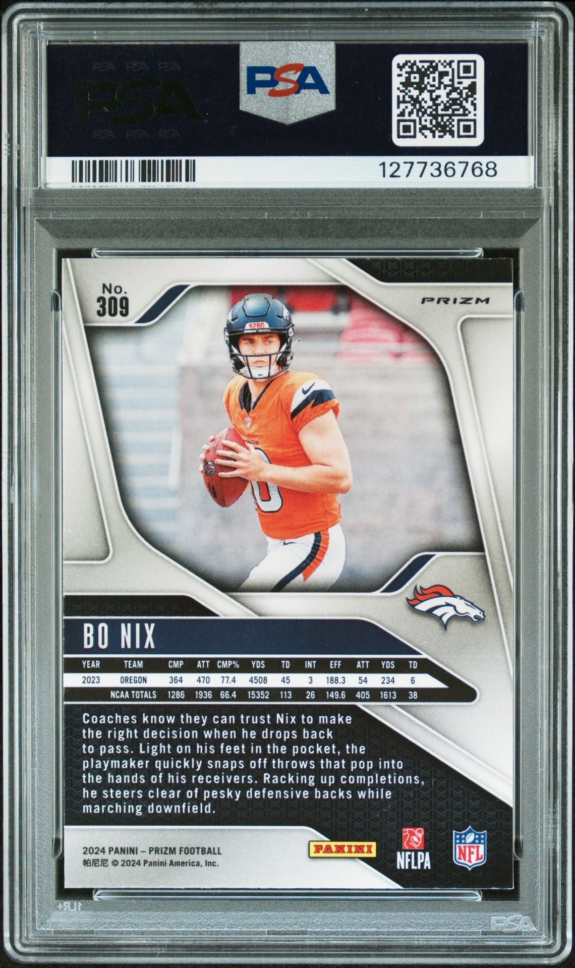 Bo Nix 2024 Prizm Silver Signed Football Rookie Card #309 Graded PSA 9 Auto 10 Cert #127736768-Powers Sports Memorabilia
