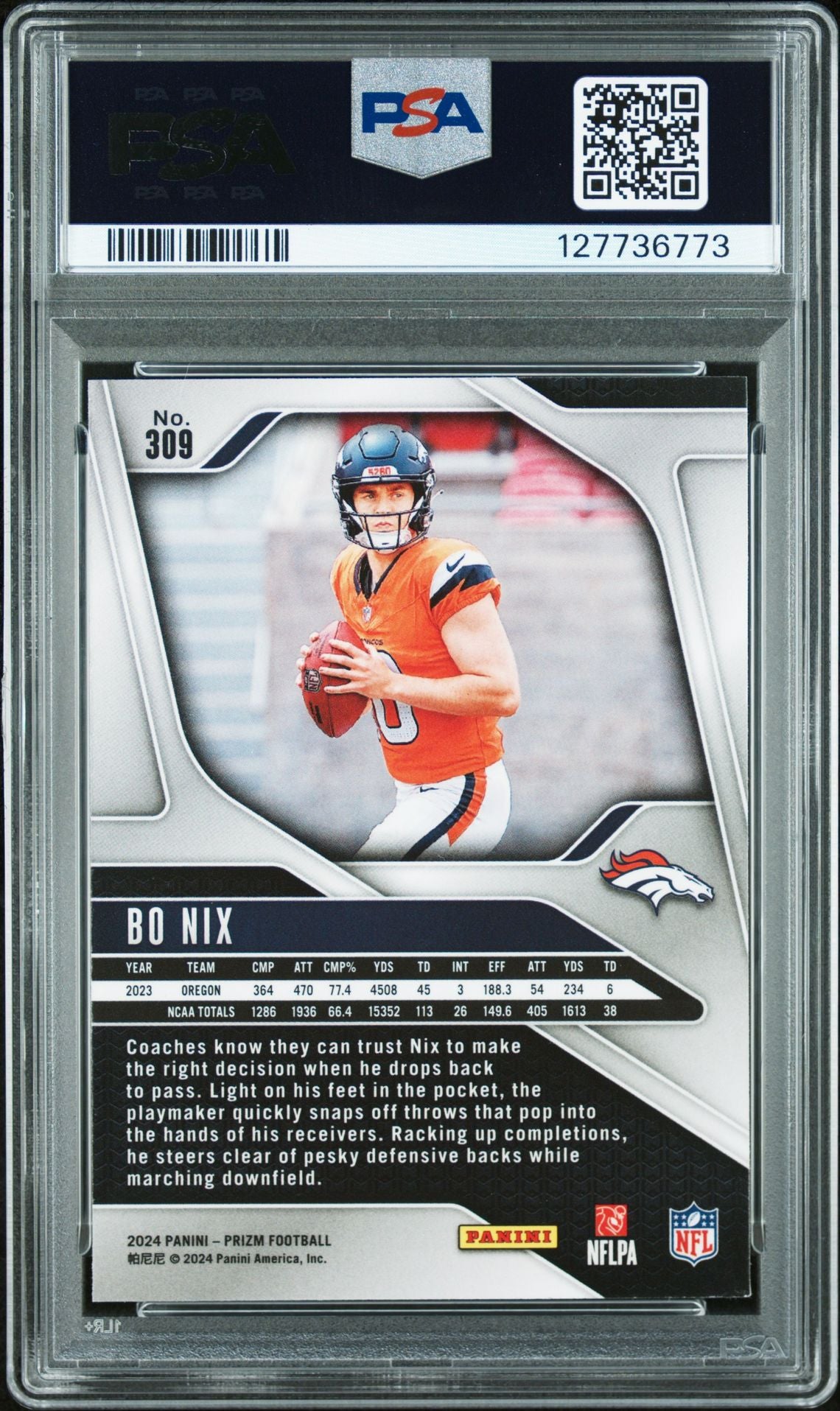 Bo Nix 2024 Prizm Signed Football Rookie Card #309 Graded PSA 9 Auto 10 Cert #127736773