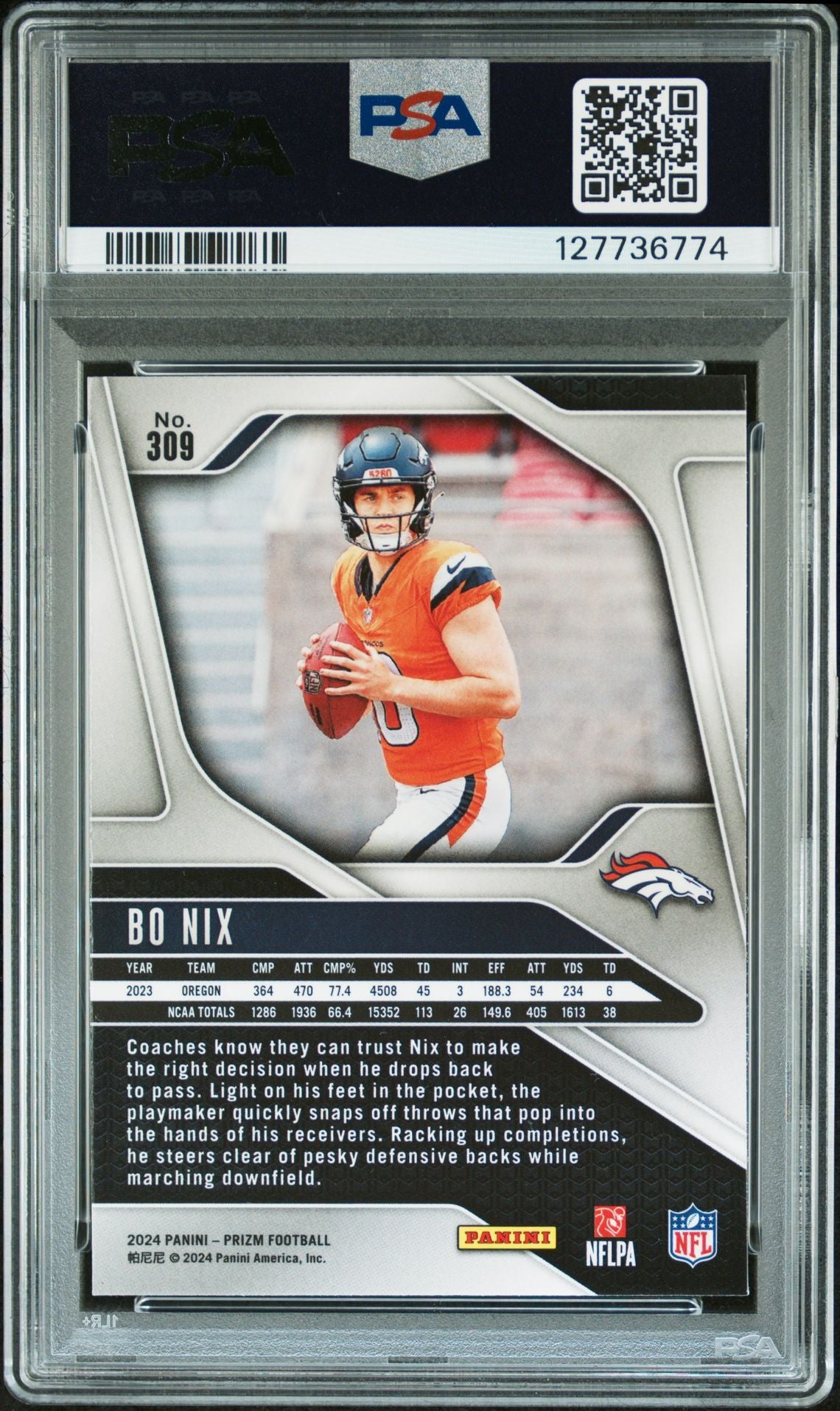 Bo Nix 2024 Prizm Signed Football Rookie Card #309 Graded PSA 9 Auto 10 Cert #127736774