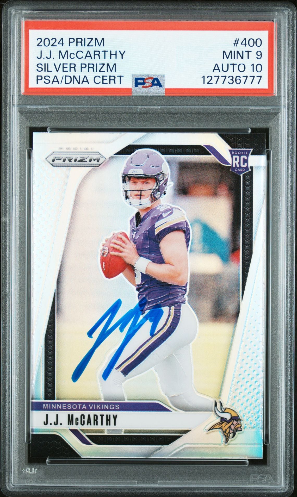 J.J. McCarthy 2024 Panini Prizm Silver Signed Football Rookie Card #400 Graded PSA 9 Auto 10 Cert #127736777-Powers Sports Memorabilia