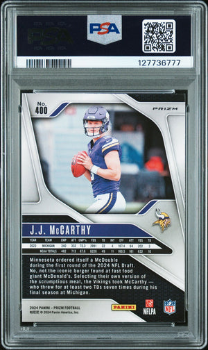 J.J. McCarthy 2024 Panini Prizm Silver Signed Football Rookie Card #400 Graded PSA 9 Auto 10 Cert #127736777-Powers Sports Memorabilia