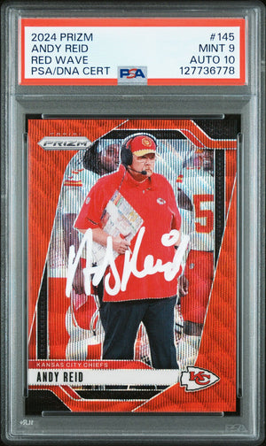 Andy Reid 2024 Panini Prizm Red Wave Signed Football Card #145 Graded PSA 9 Auto 10 57/149 Cert #127736778-Powers Sports Memorabilia