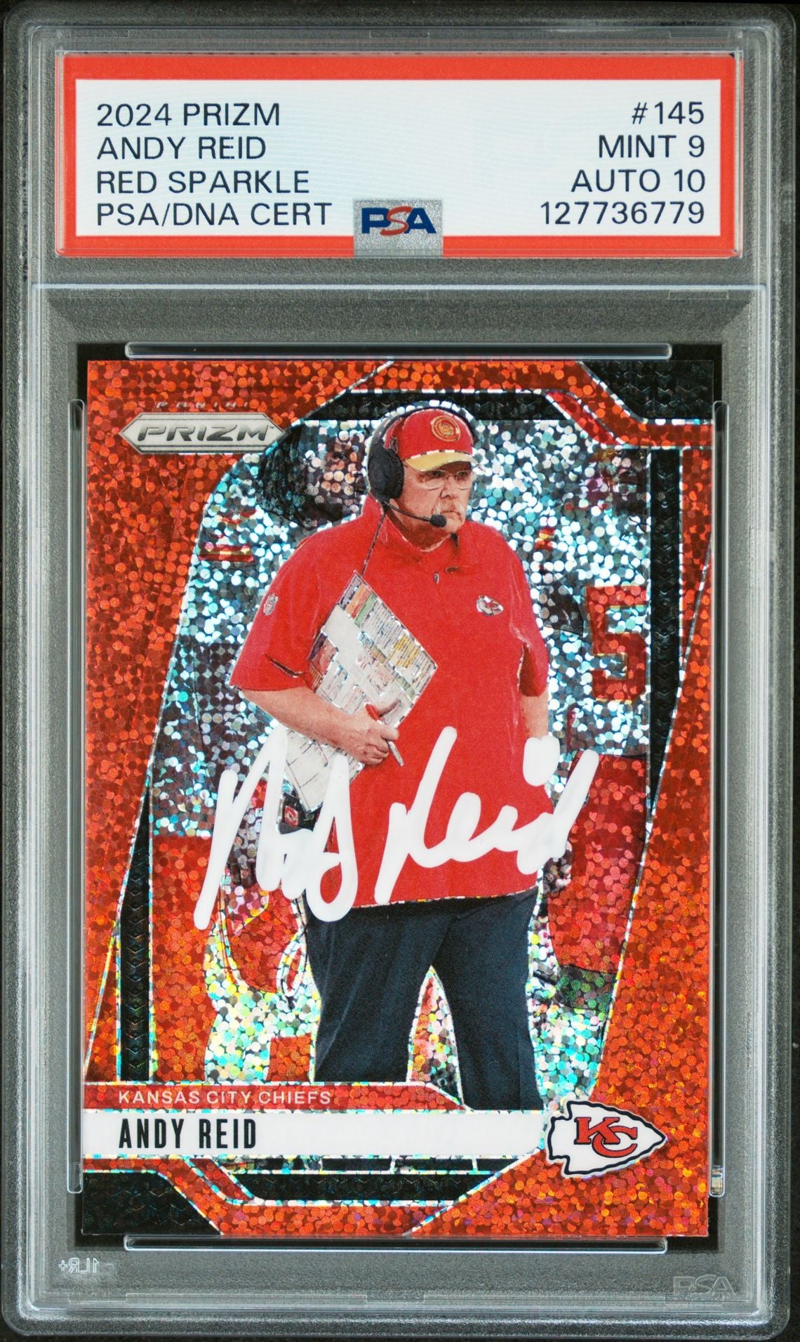 Andy Reid 2024 Panini Prizm Red Sparkle Signed Football Card #145 Graded PSA 9 Auto 10 Cert #127736779-Powers Sports Memorabilia
