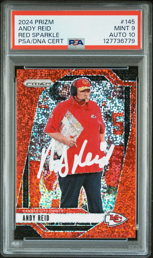 Andy Reid 2024 Panini Prizm Red Sparkle Signed Football Card #145 Graded PSA 9 Auto 10 Cert #127736779-Powers Sports Memorabilia