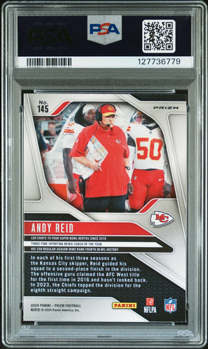 Andy Reid 2024 Panini Prizm Red Sparkle Signed Football Card #145 Graded PSA 9 Auto 10 Cert #127736779-Powers Sports Memorabilia