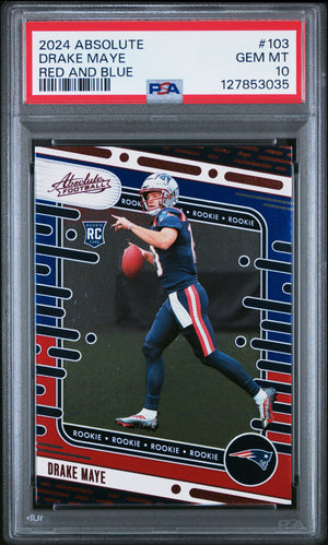 Drake Maye 2024 Absolute Red and Blue Rookie Football Card #103 Graded PSA 10 Cert #127853035-Powers Sports Memorabilia