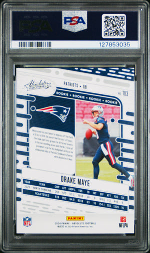 Drake Maye 2024 Absolute Red and Blue Rookie Football Card #103 Graded PSA 10 Cert #127853035-Powers Sports Memorabilia