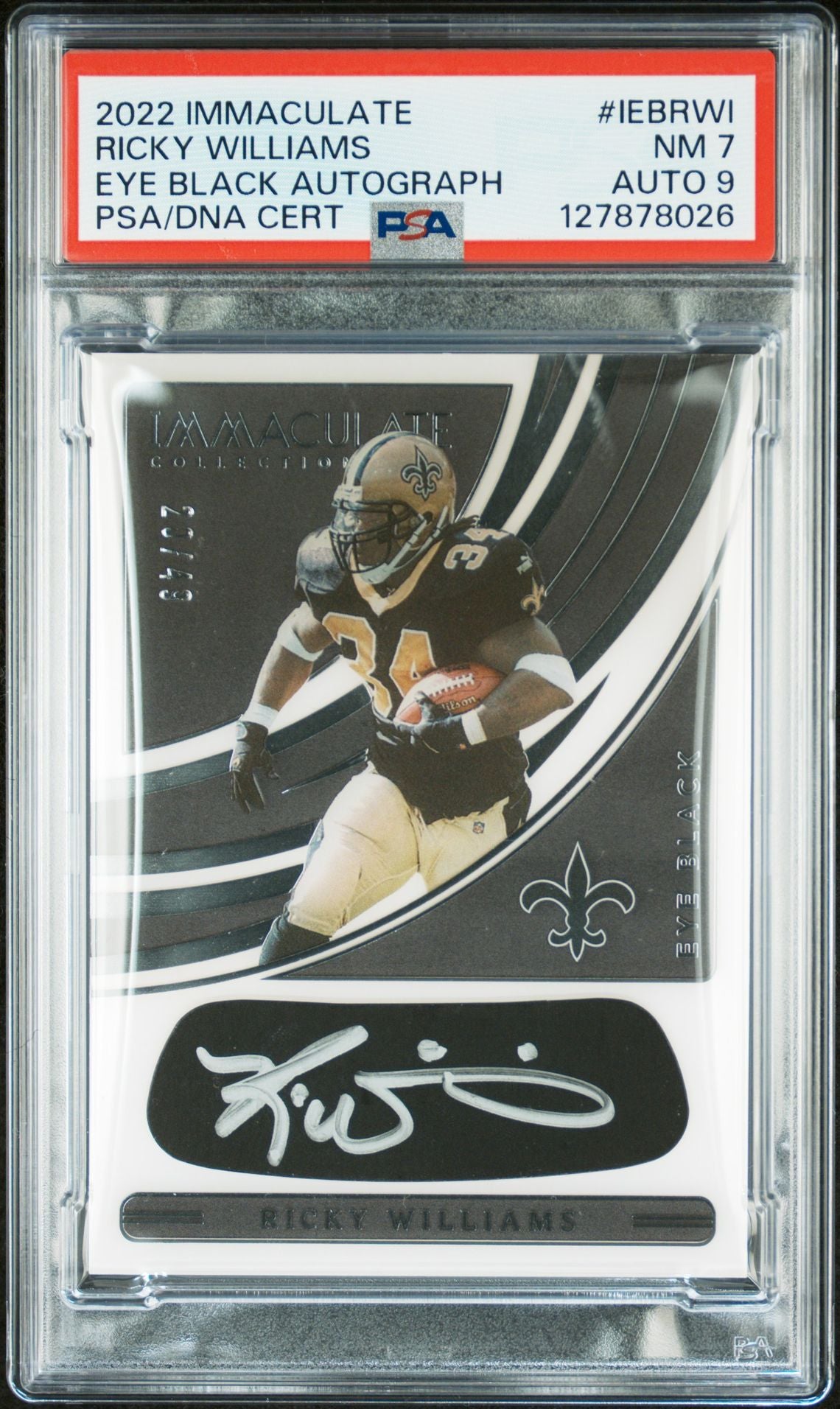 Ricky Williams 2022 Immaculate Eye Black Signed Football Card #IBERWI Graded PSA 7 Auto 9 20/49 Cert #127878026-Powers Sports Memorabilia