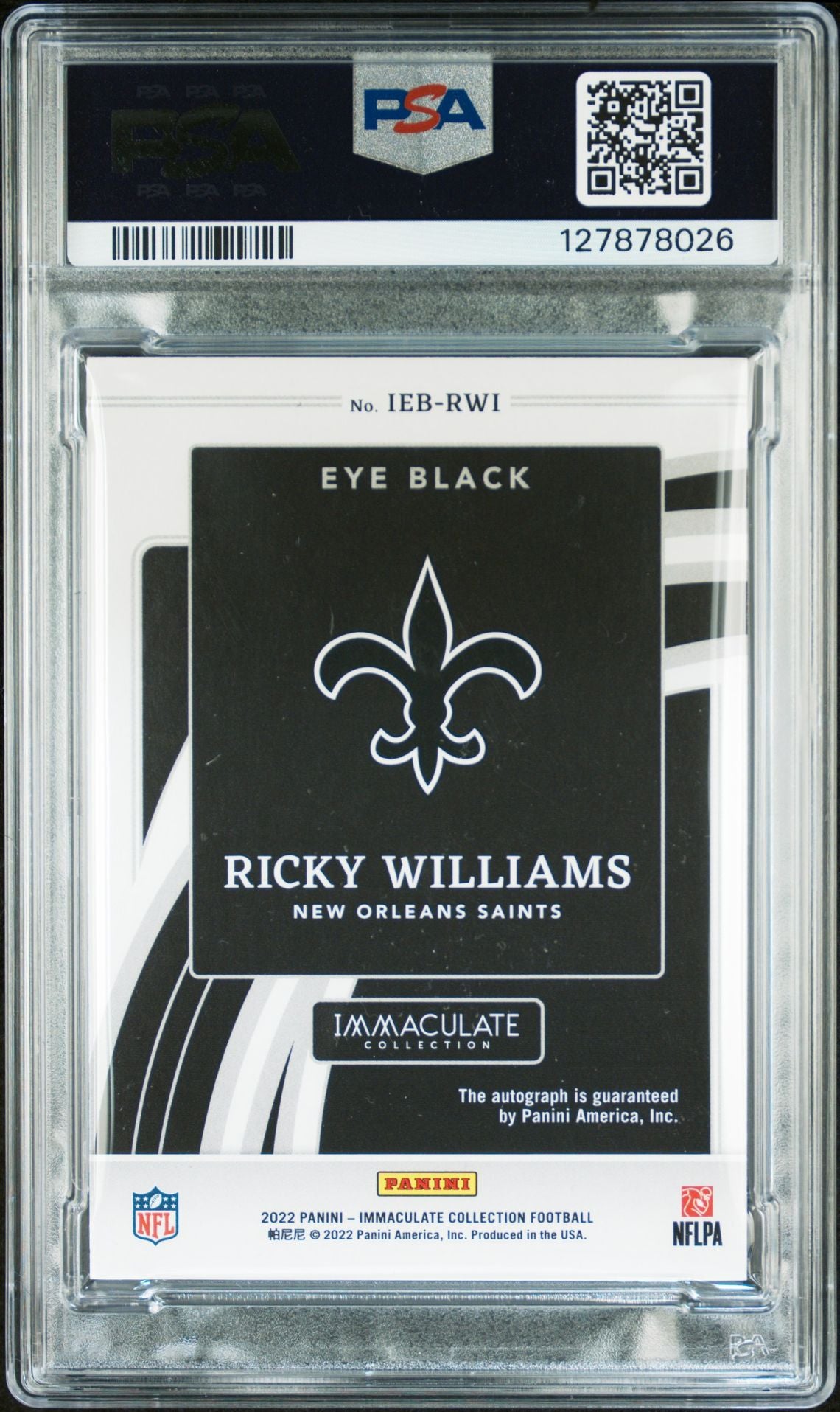 Ricky Williams 2022 Immaculate Eye Black Signed Football Card #IBERWI Graded PSA 7 Auto 9 20/49 Cert #127878026-Powers Sports Memorabilia