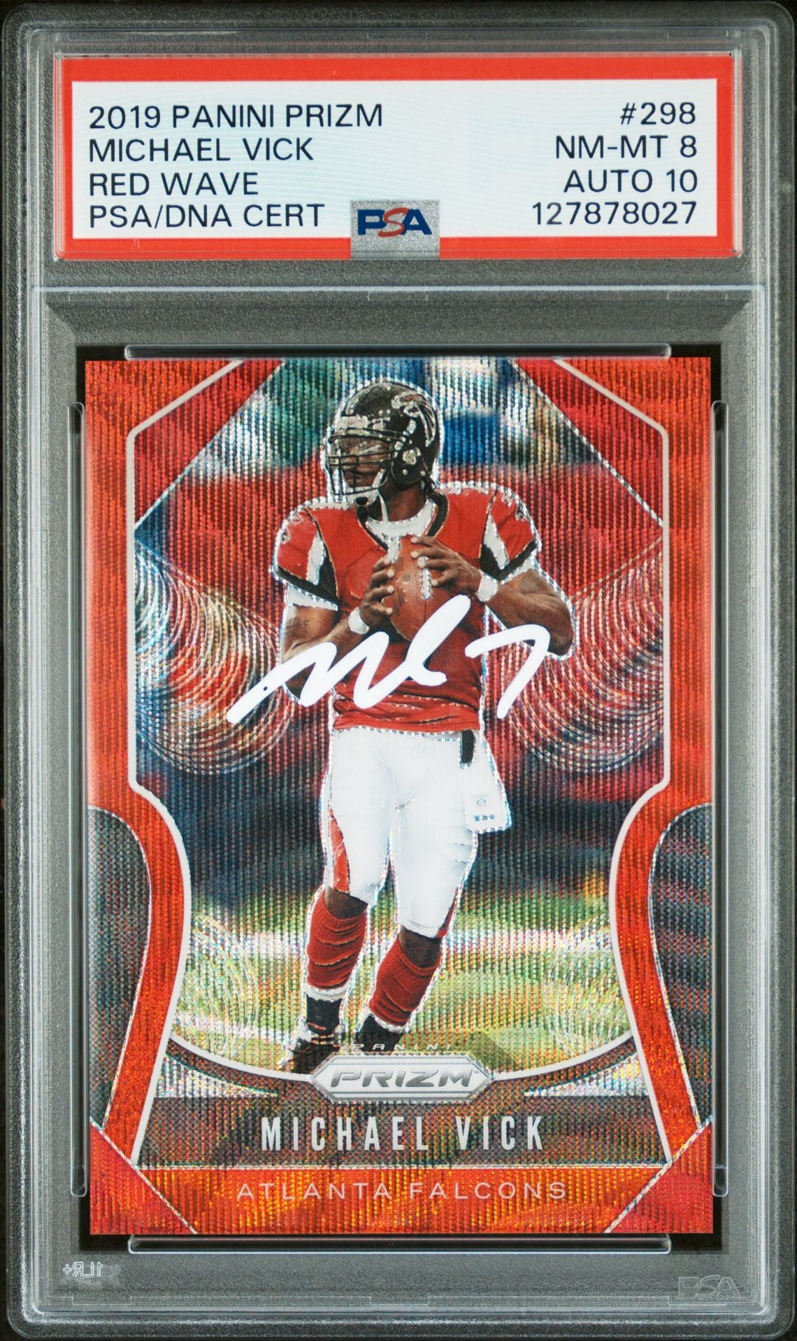 Michael Vick 2019 Panini Prizm Red Wave Signed Football Card #298 Graded PSA 8 Auto 10 69/149 Cert #127878027-Powers Sports Memorabilia