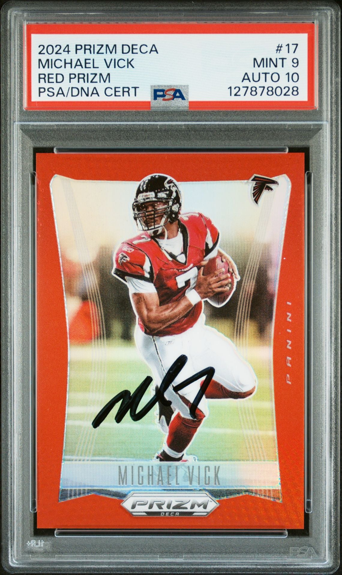 Michael Vick 2024 Prizm Deca Red Prizm Signed Football Card #17 Graded PSA 9 Auto 10 125/199 Cert #127878028-Powers Sports Memorabilia