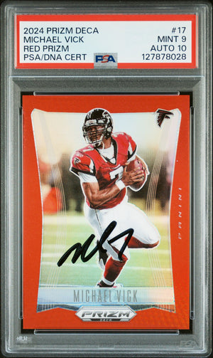 Michael Vick 2024 Prizm Deca Red Prizm Signed Football Card #17 Graded PSA 9 Auto 10 125/199 Cert #127878028-Powers Sports Memorabilia