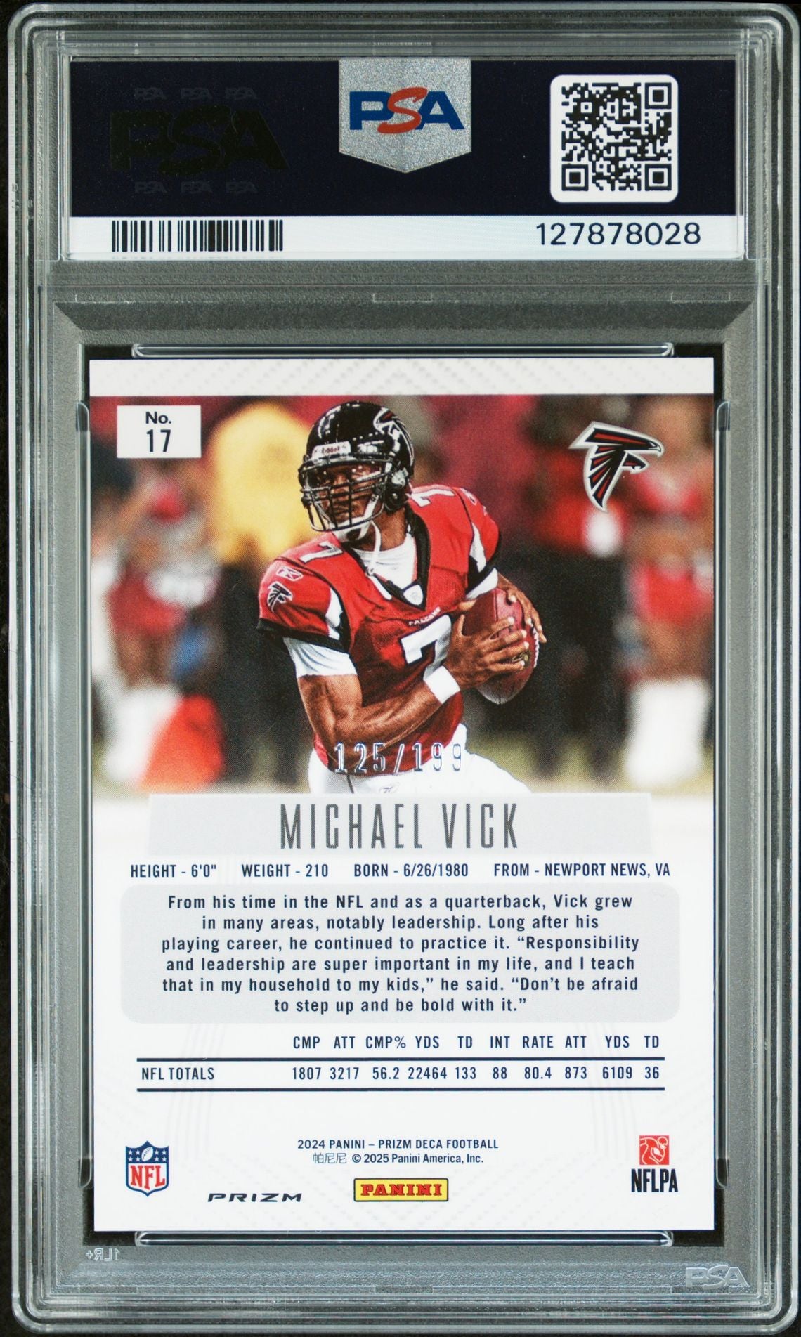 Michael Vick 2024 Prizm Deca Red Prizm Signed Football Card #17 Graded PSA 9 Auto 10 125/199 Cert #127878028-Powers Sports Memorabilia