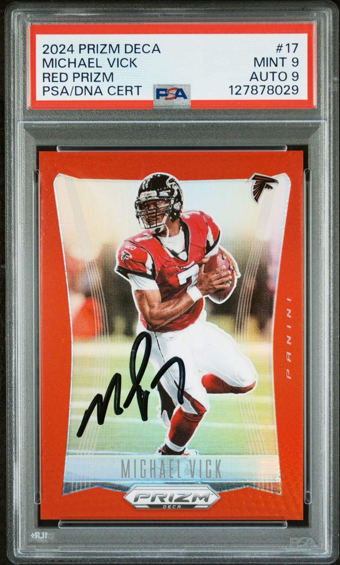 Michael Vick 2024 Prizm Deca Red Prizm Signed Football Card #17 Graded PSA 9 Auto 9 107/199 Cert #127878029-Powers Sports Memorabilia