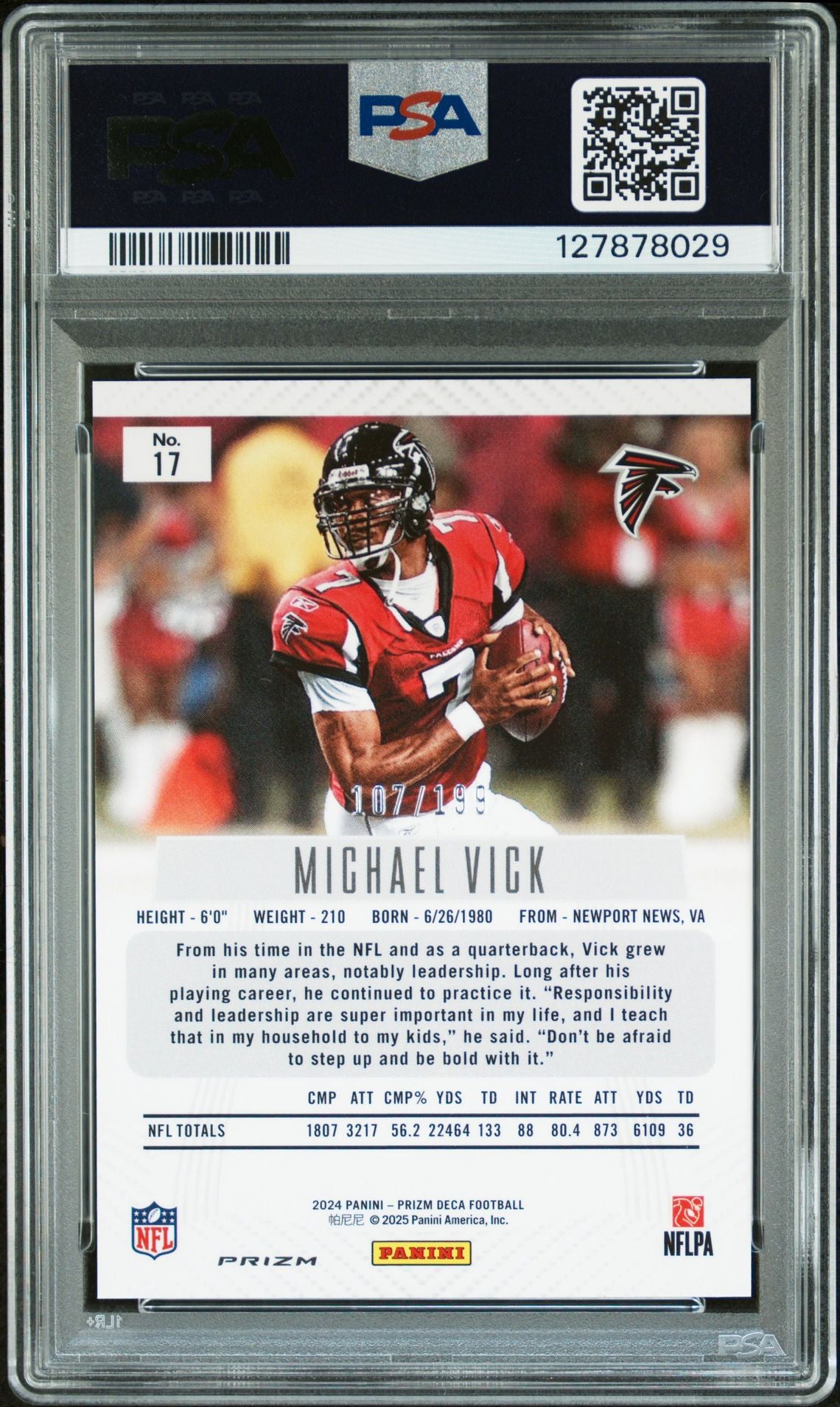 Michael Vick 2024 Prizm Deca Red Prizm Signed Football Card #17 Graded PSA 9 Auto 9 107/199 Cert #127878029-Powers Sports Memorabilia