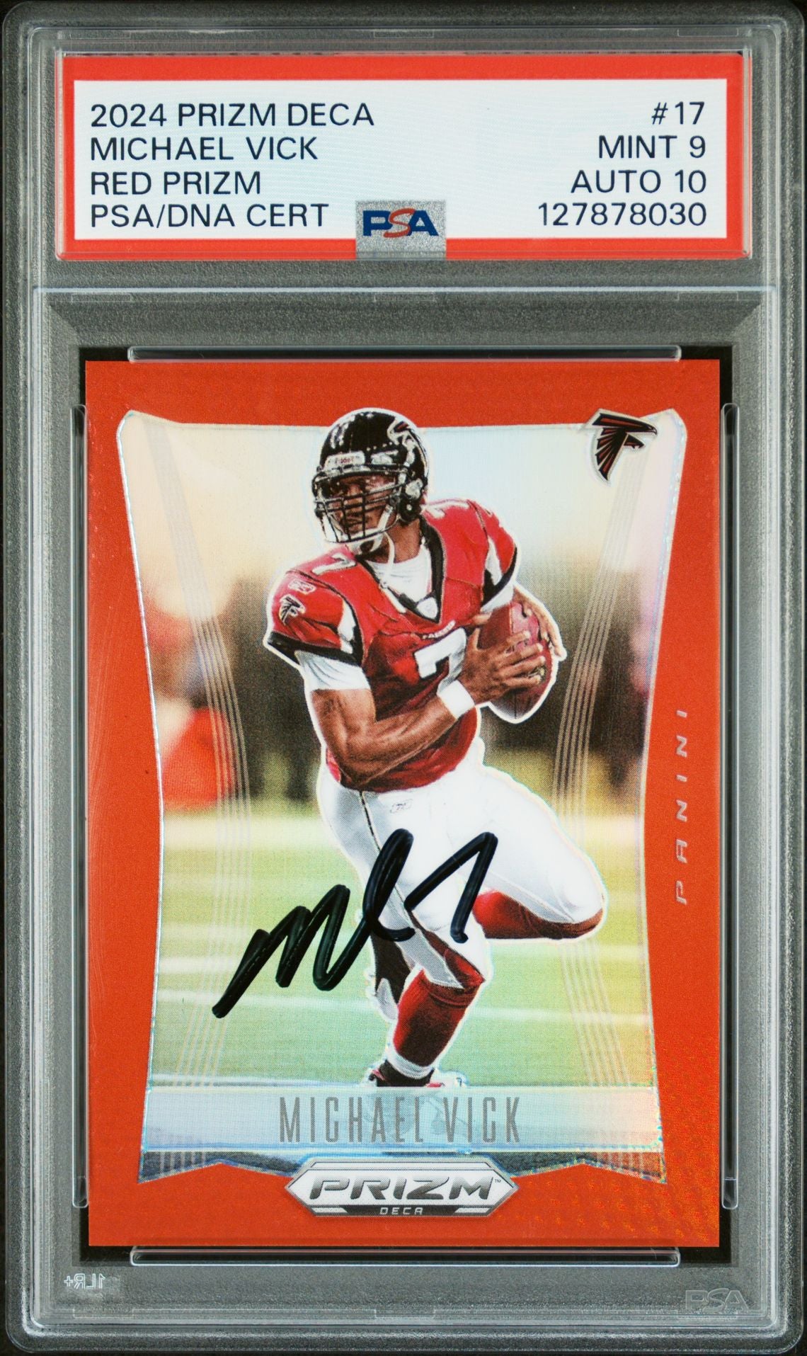 Michael Vick 2024 Prizm Deca Red Prizm Signed Football Card #17 Graded PSA 9 Auto 10 127/199 Cert #127878030-Powers Sports Memorabilia