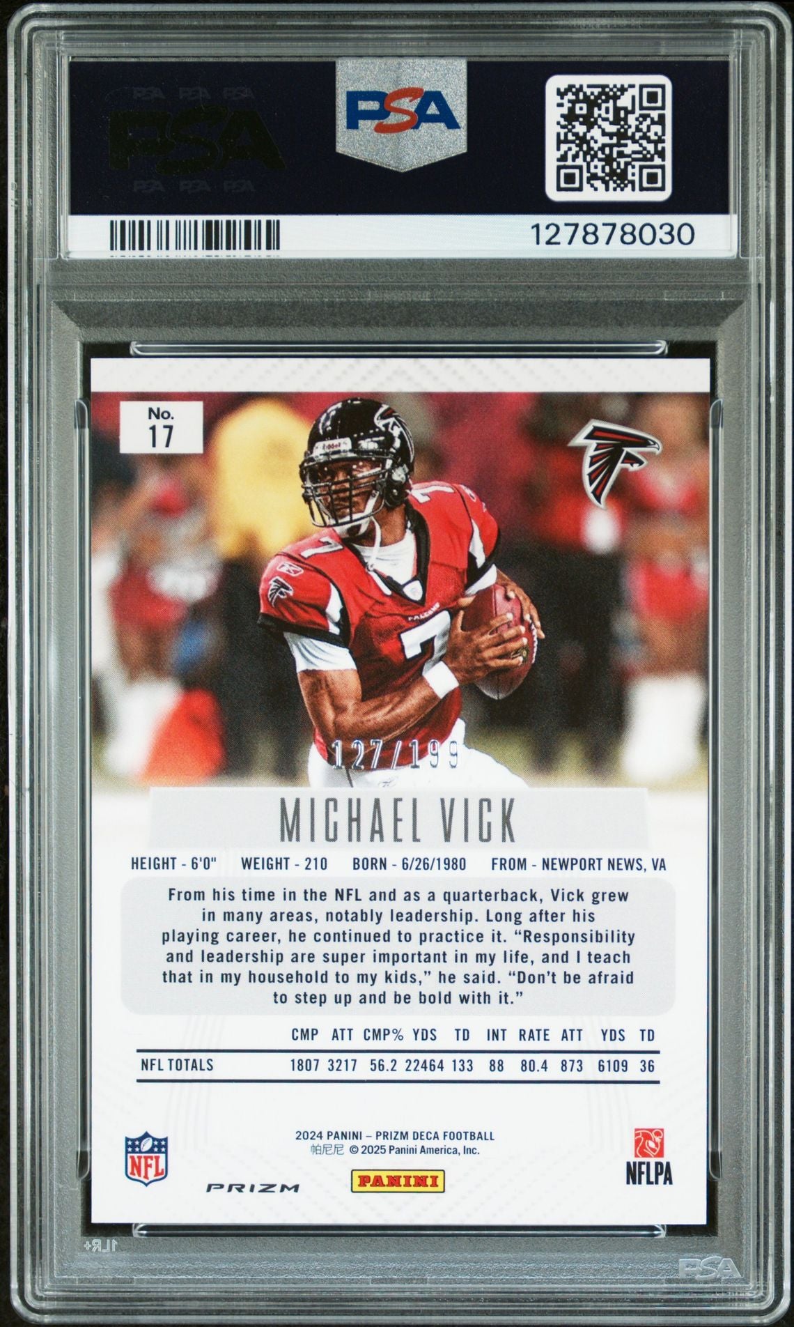 Michael Vick 2024 Prizm Deca Red Prizm Signed Football Card #17 Graded PSA 9 Auto 10 127/199 Cert #127878030-Powers Sports Memorabilia