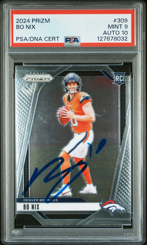 Bo Nix 2024 Panini Prizm Signed Football Rookie Card #309 Graded PSA 9 Auto 10 Cert #127878032-Powers Sports Memorabilia