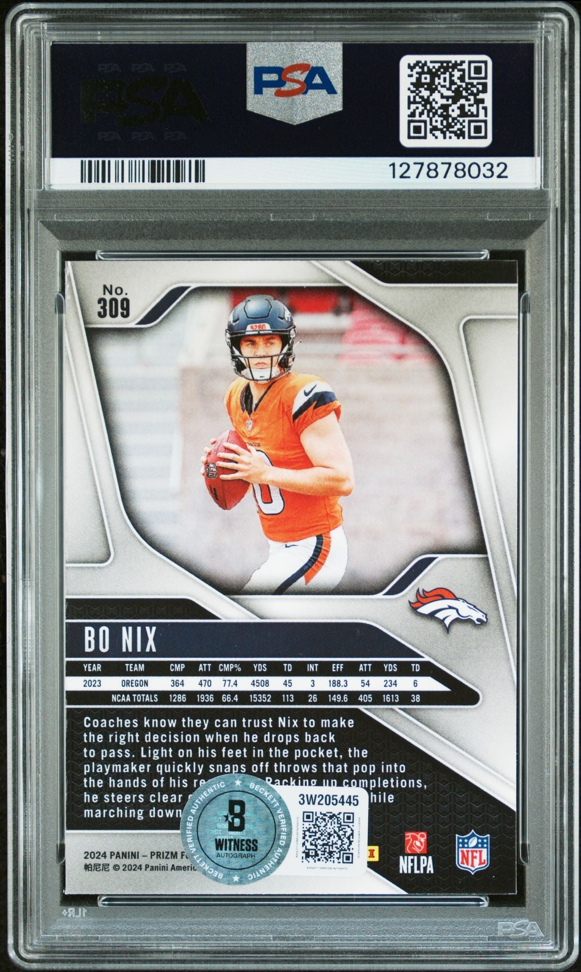 Bo Nix 2024 Panini Prizm Signed Football Rookie Card #309 Graded PSA 9 Auto 10 Cert #127878032-Powers Sports Memorabilia