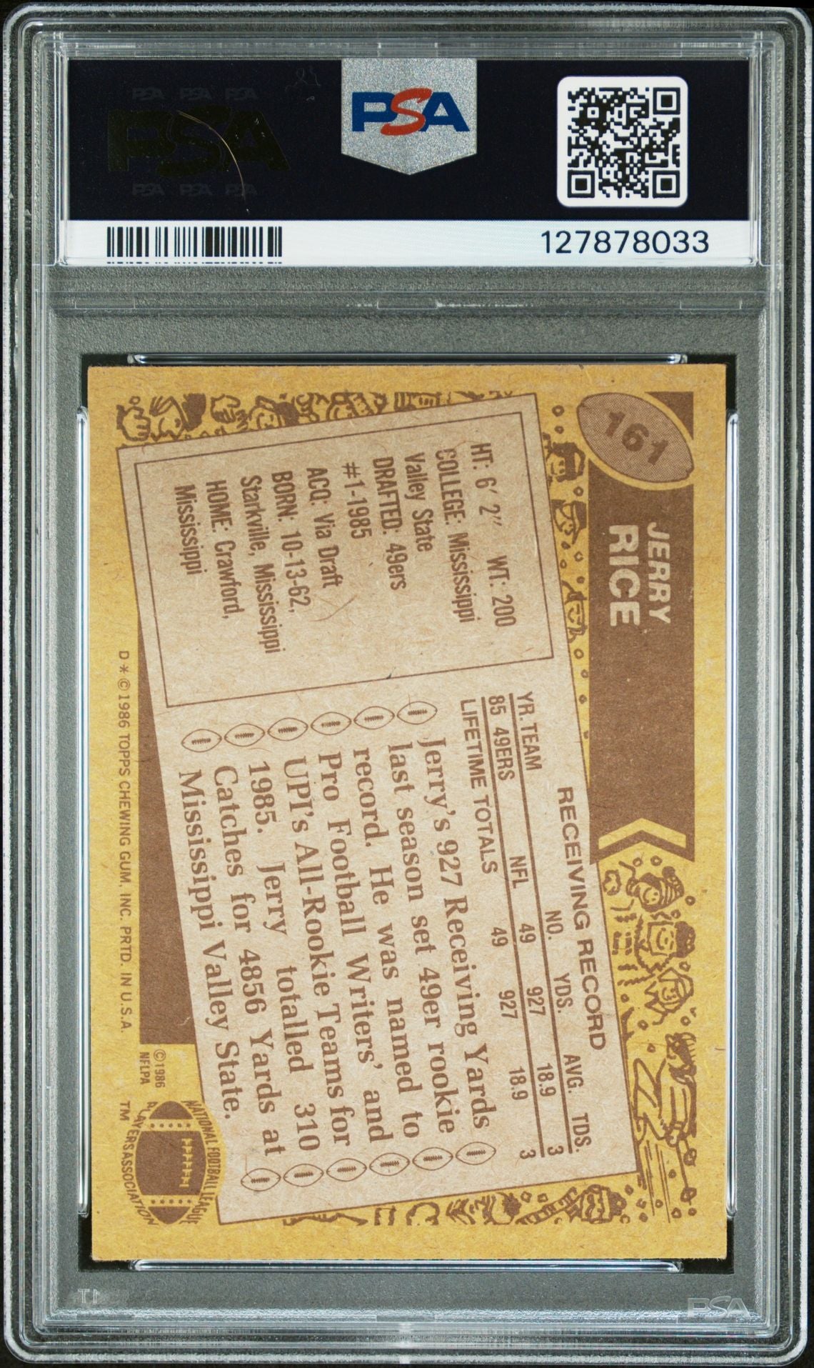 Jerry Rice 1986 Topps Signed Football Rookie Card #161 Graded PSA 5 Auto 10 Cert #127878033-Powers Sports Memorabilia