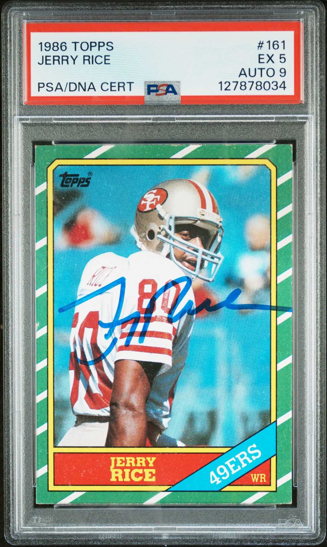 Jerry Rice 1986 Topps Signed Football Rookie Card #161 Graded PSA 5 Auto 9 Cert #127878034-Powers Sports Memorabilia