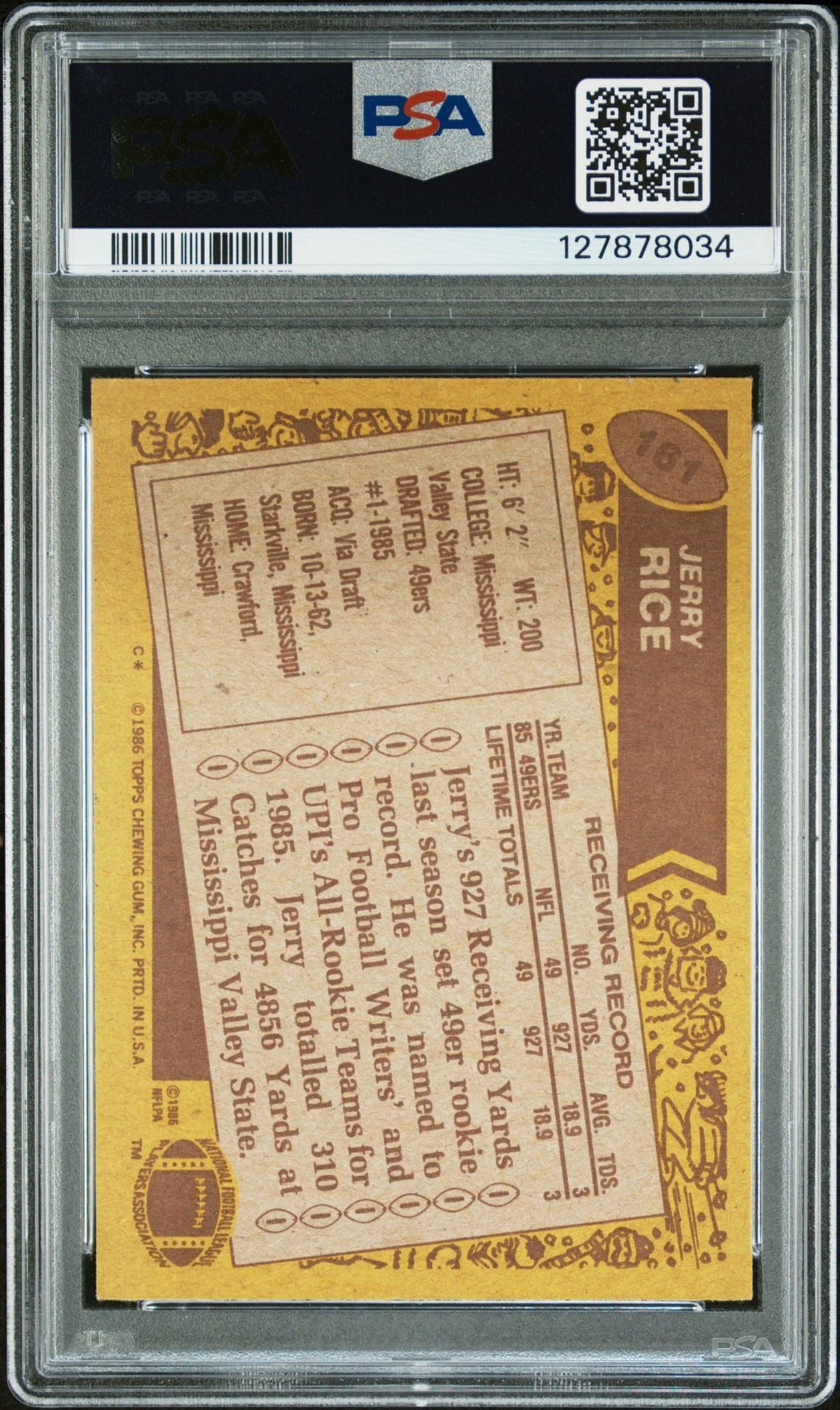 Jerry Rice 1986 Topps Signed Football Rookie Card #161 Graded PSA 5 Auto 9 Cert #127878034-Powers Sports Memorabilia