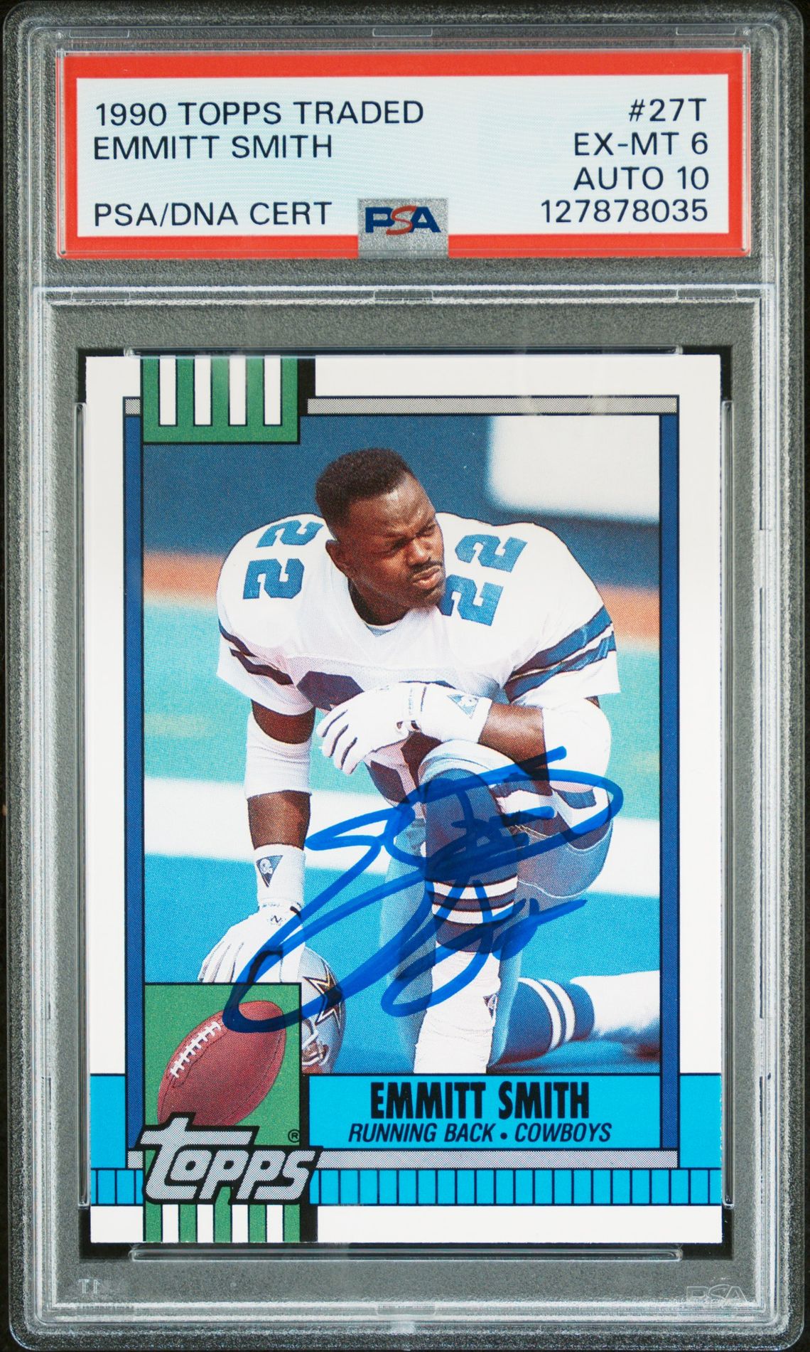 Emmitt Smith 1990 Topps Traded Signed Football Rookie Card #27T Graded PSA 6 Auto 10 Cert #127878035-Powers Sports Memorabilia
