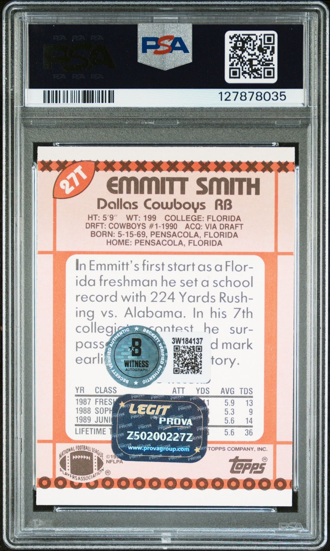 Emmitt Smith 1990 Topps Traded Signed Football Rookie Card #27T Graded PSA 6 Auto 10 Cert #127878035-Powers Sports Memorabilia