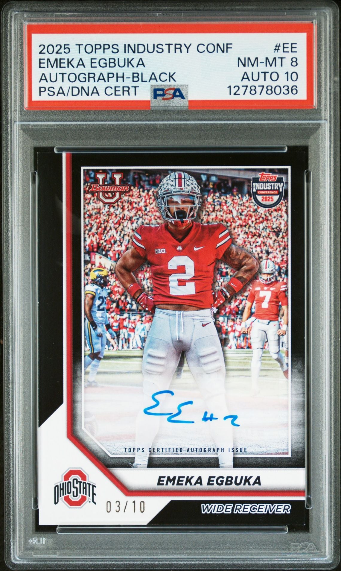 Emeka Egbuka 2025 Topps Industry Conference Black Signed Football Rookie Card #EE Graded PSA 8 Auto 10 3/10 Cert #127878036-Powers Sports Memorabilia