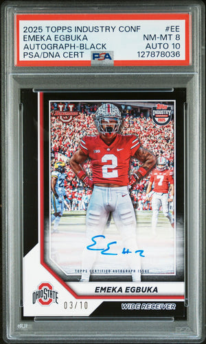 Emeka Egbuka 2025 Topps Industry Conference Black Signed Football Rookie Card #EE Graded PSA 8 Auto 10 3/10 Cert #127878036-Powers Sports Memorabilia