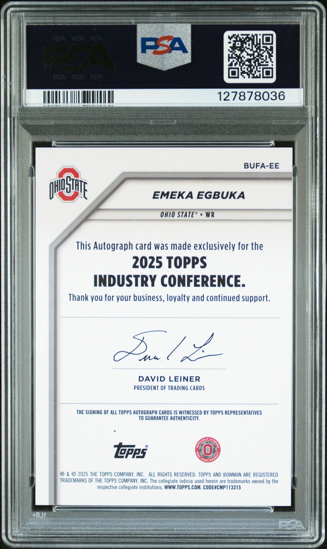 Emeka Egbuka 2025 Topps Industry Conference Black Signed Football Rookie Card #EE Graded PSA 8 Auto 10 3/10 Cert #127878036-Powers Sports Memorabilia