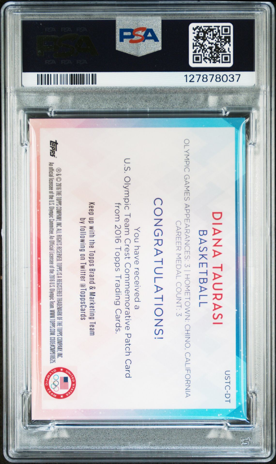 Diana Taurasi 2016 Topps US Olympic Team Crest Patch Signed Basketball Card #DT Graded PSA 8 Auto 10 58/99 Cert #127878037-Powers Sports Memorabilia