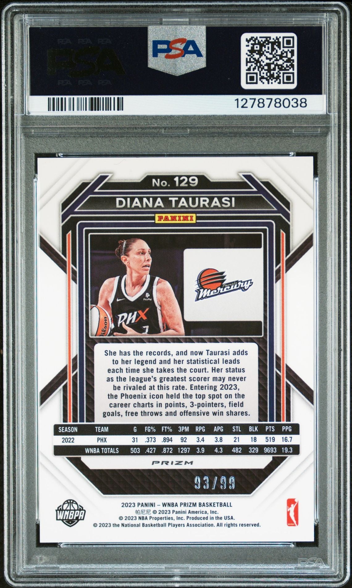 Diana Taurasi 2023 Panini Prizm WNBA Orange Signed Basketball Card #129 Graded PSA 9 Auto 10 93/99 Cert #127878038-Powers Sports Memorabilia