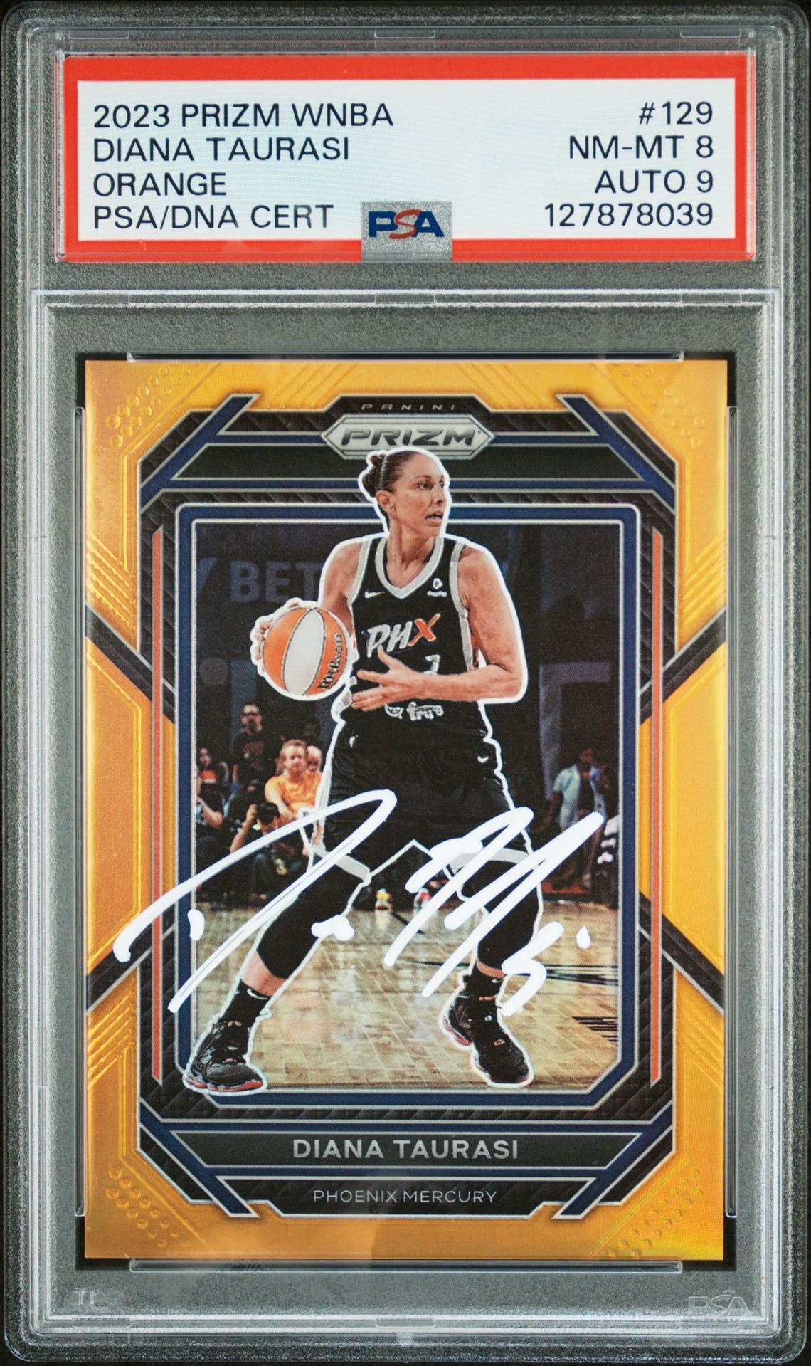 Diana Taurasi 2023 Panini Prizm WNBA Orange Signed Basketball Card #129 Graded PSA 8 Auto 9 47/99 Cert #127878039-Powers Sports Memorabilia