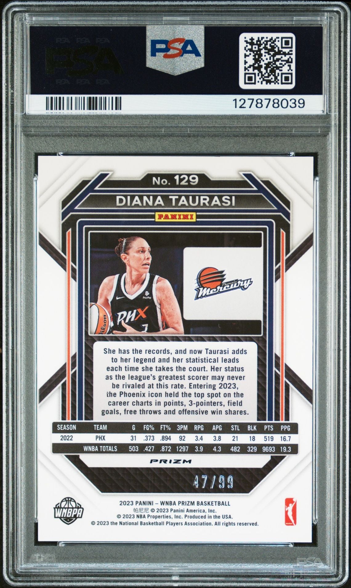 Diana Taurasi 2023 Panini Prizm WNBA Orange Signed Basketball Card #129 Graded PSA 8 Auto 9 47/99 Cert #127878039-Powers Sports Memorabilia