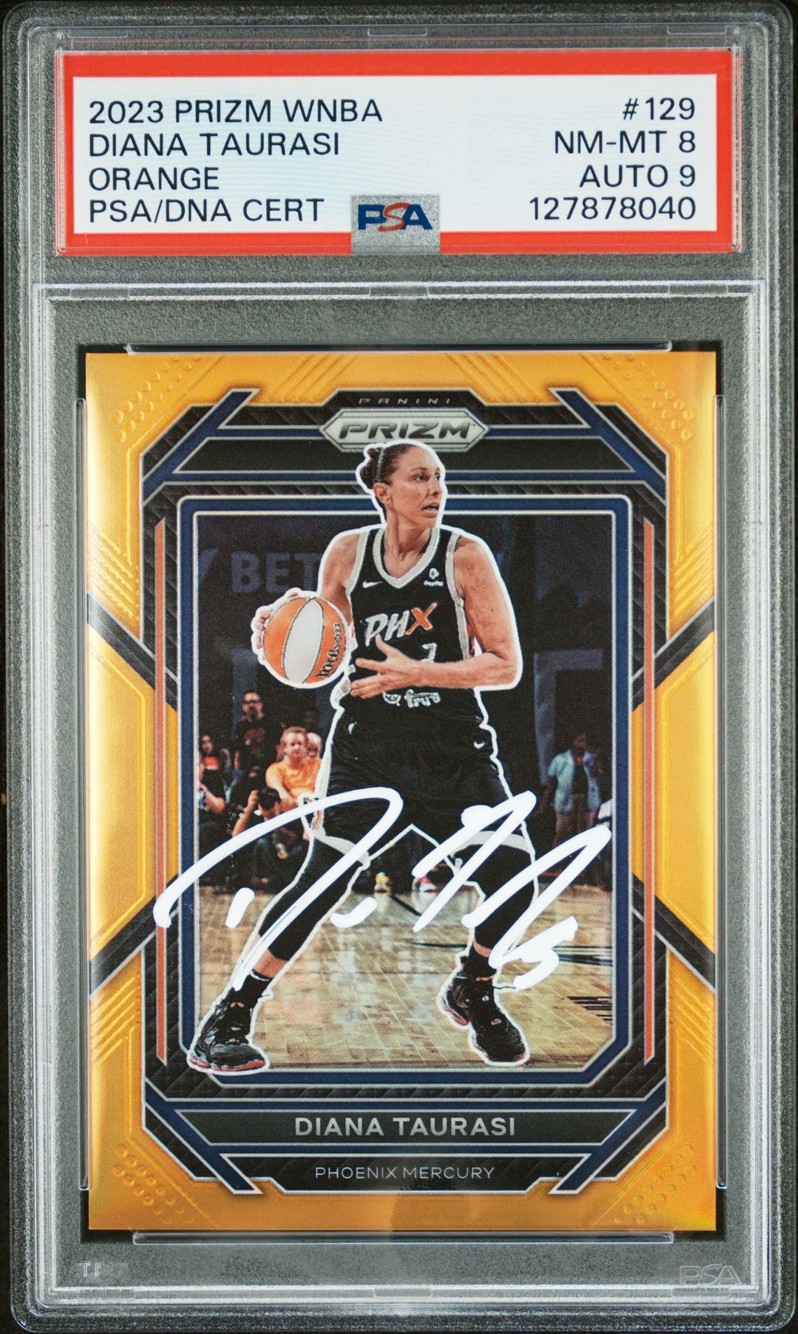 Diana Taurasi 2023 Panini Prizm WNBA Orange Signed Basketball Card #129 Graded PSA 8 Auto 9 71/99 Cert #127878040-Powers Sports Memorabilia