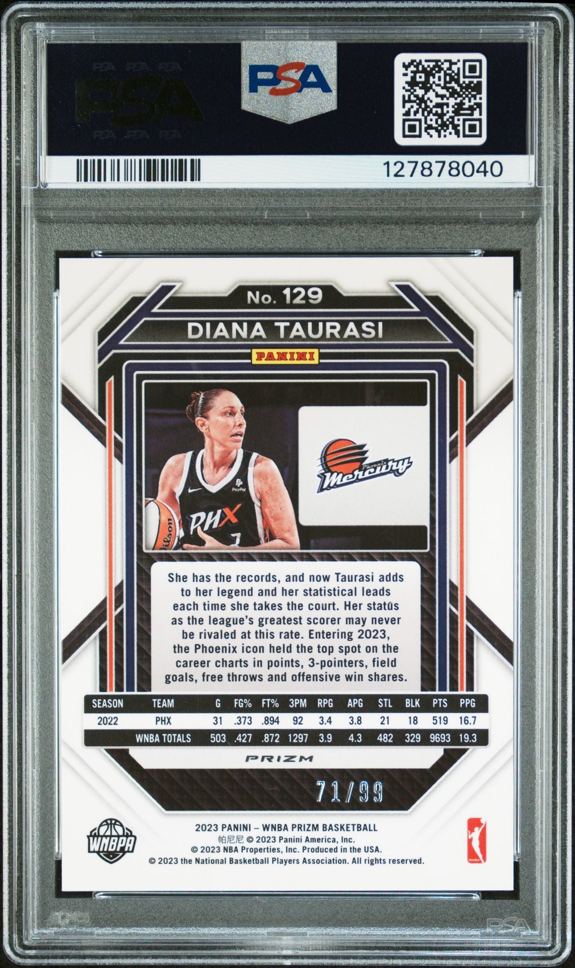 Diana Taurasi 2023 Panini Prizm WNBA Orange Signed Basketball Card #129 Graded PSA 8 Auto 9 71/99 Cert #127878040-Powers Sports Memorabilia