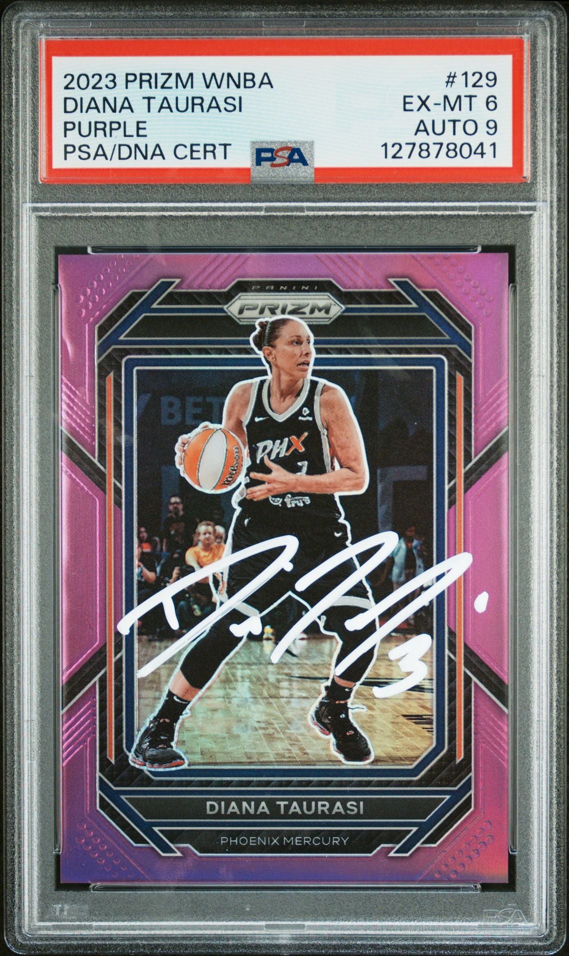 Diana Taurasi 2023 Panini Prizm WNBA Purple Signed Basketball Card #129 Graded PSA 6 Auto 9 75/149 Cert #127878041-Powers Sports Memorabilia