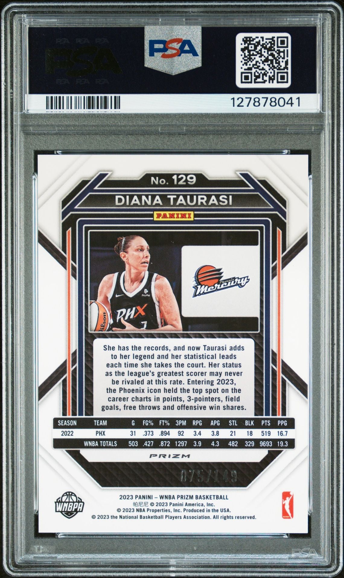 Diana Taurasi 2023 Panini Prizm WNBA Purple Signed Basketball Card #129 Graded PSA 6 Auto 9 75/149 Cert #127878041-Powers Sports Memorabilia