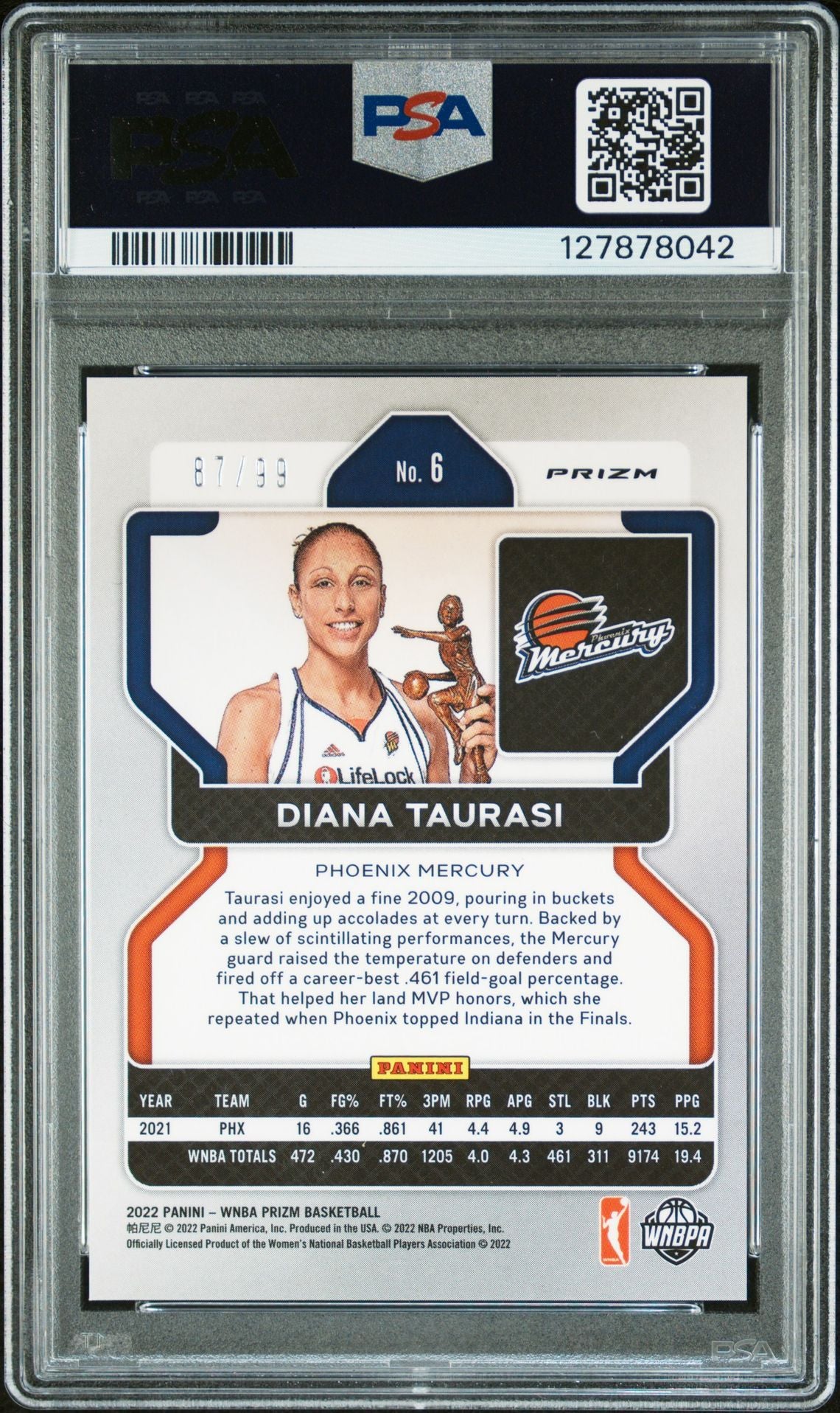 Diana Taurasi 2022 Panini Prizm WNBA Purple Prizm Signed Basketball Card #6 Graded PSA 9 Auto 10 87/99 Cert #127878042-Powers Sports Memorabilia
