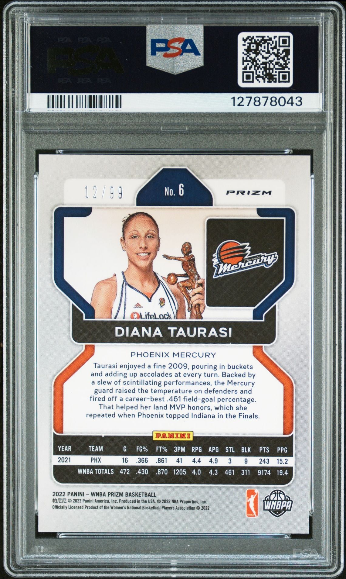 Diana Taurasi 2022 Panini Prizm WNBA Purple Prizm Signed Basketball Card #6 Graded PSA 9 Auto 10 12/99 Cert #127878043-Powers Sports Memorabilia