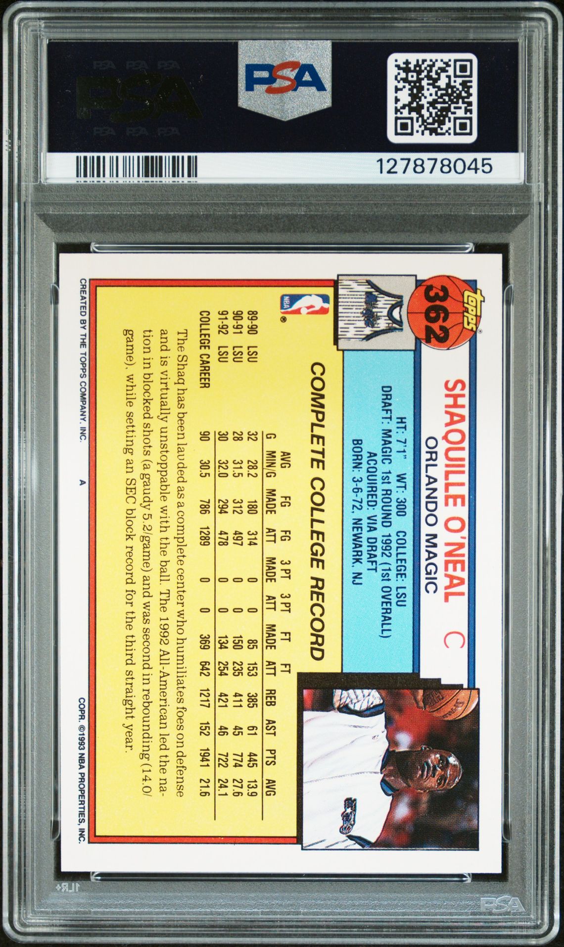 Shaquille O'Neal 1992 Topps Signed Basketball Rookie Card #362 Graded PSA 9 Auto 10 Cert #127878045-Powers Sports Memorabilia