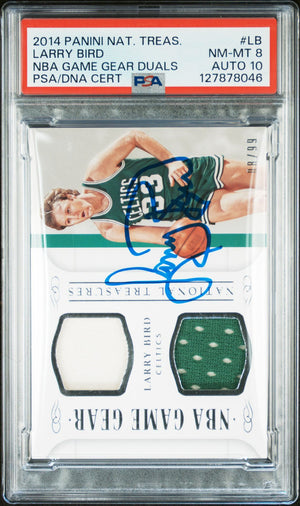 Larry Bird 2014 Panini National Treasures NBA Game Gear Duals Game Worn Signed Basketball Card #LB Graded PSA 8 Auto 10 8/99 Cert #127878046-Powers Sports Memorabilia